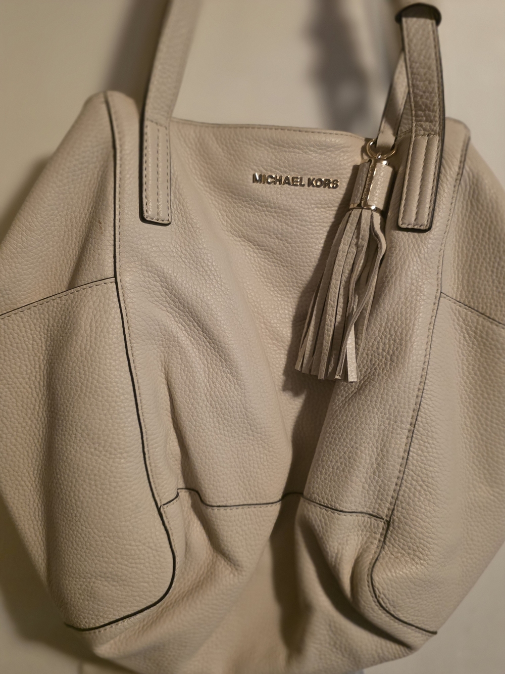 Michael Kors Cream Pebbled Leather Shoulder Tote with Tassel